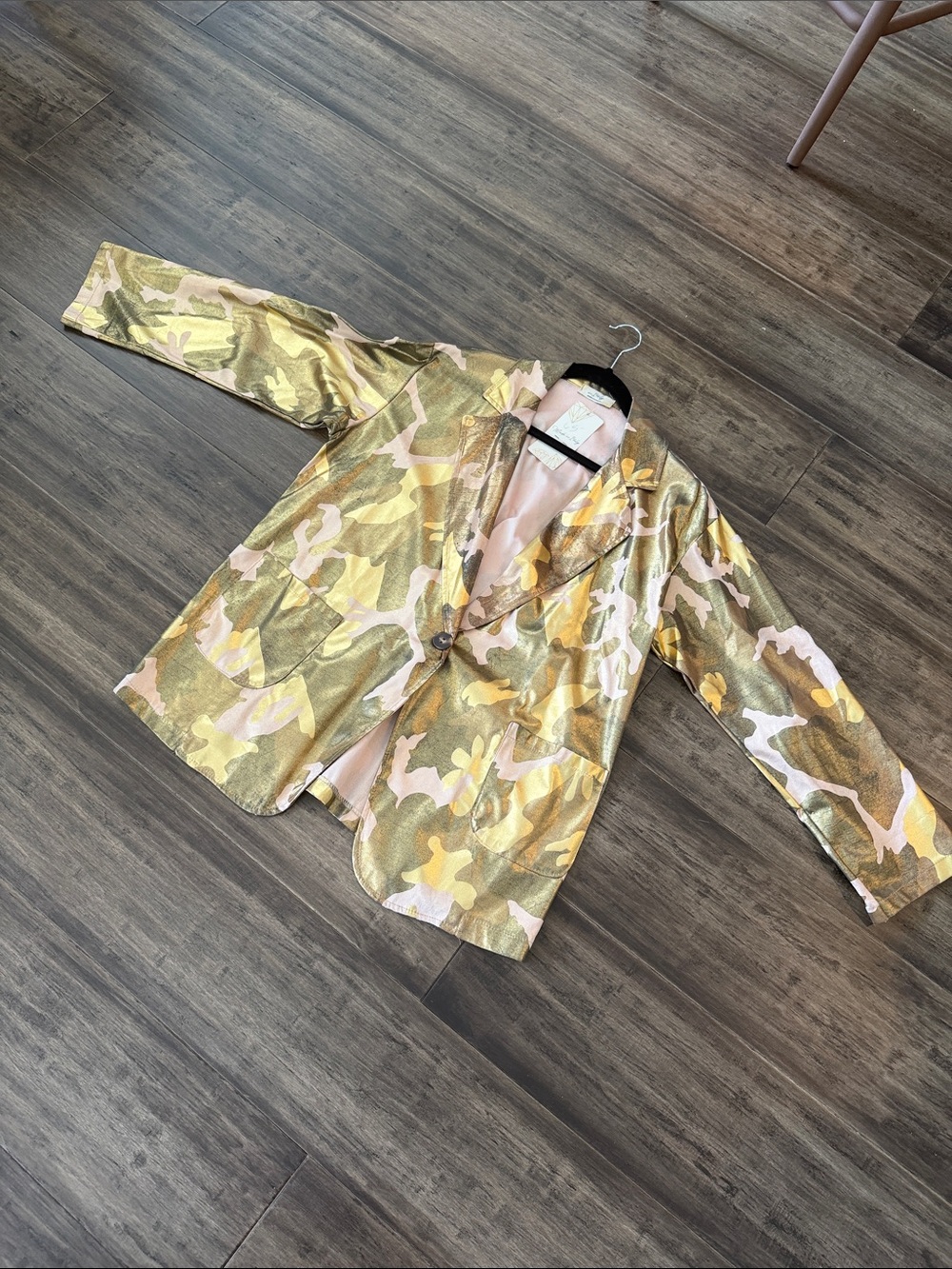 Gold Metallic Camouflage Blazer with Pink Accents - Women